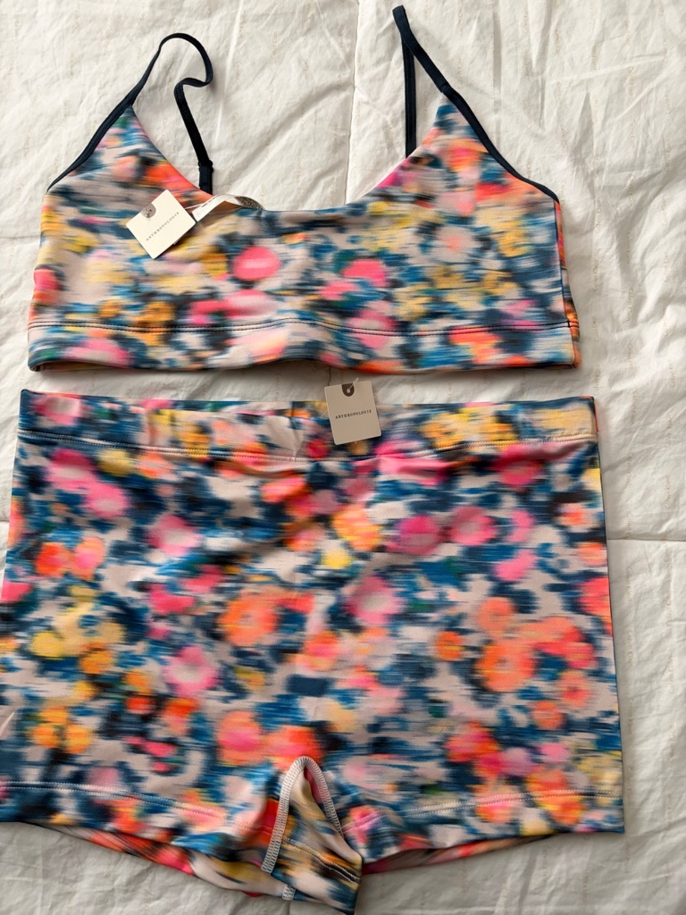 Anthropologie Navy-Trim Multicolor Floral Bralette & Shorts Set